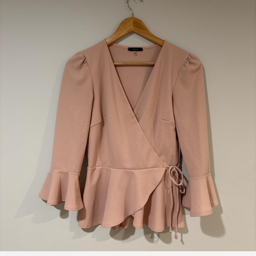 Soprano Blush Pink Wrap Peplum Top with Bell Sleeves - Size S